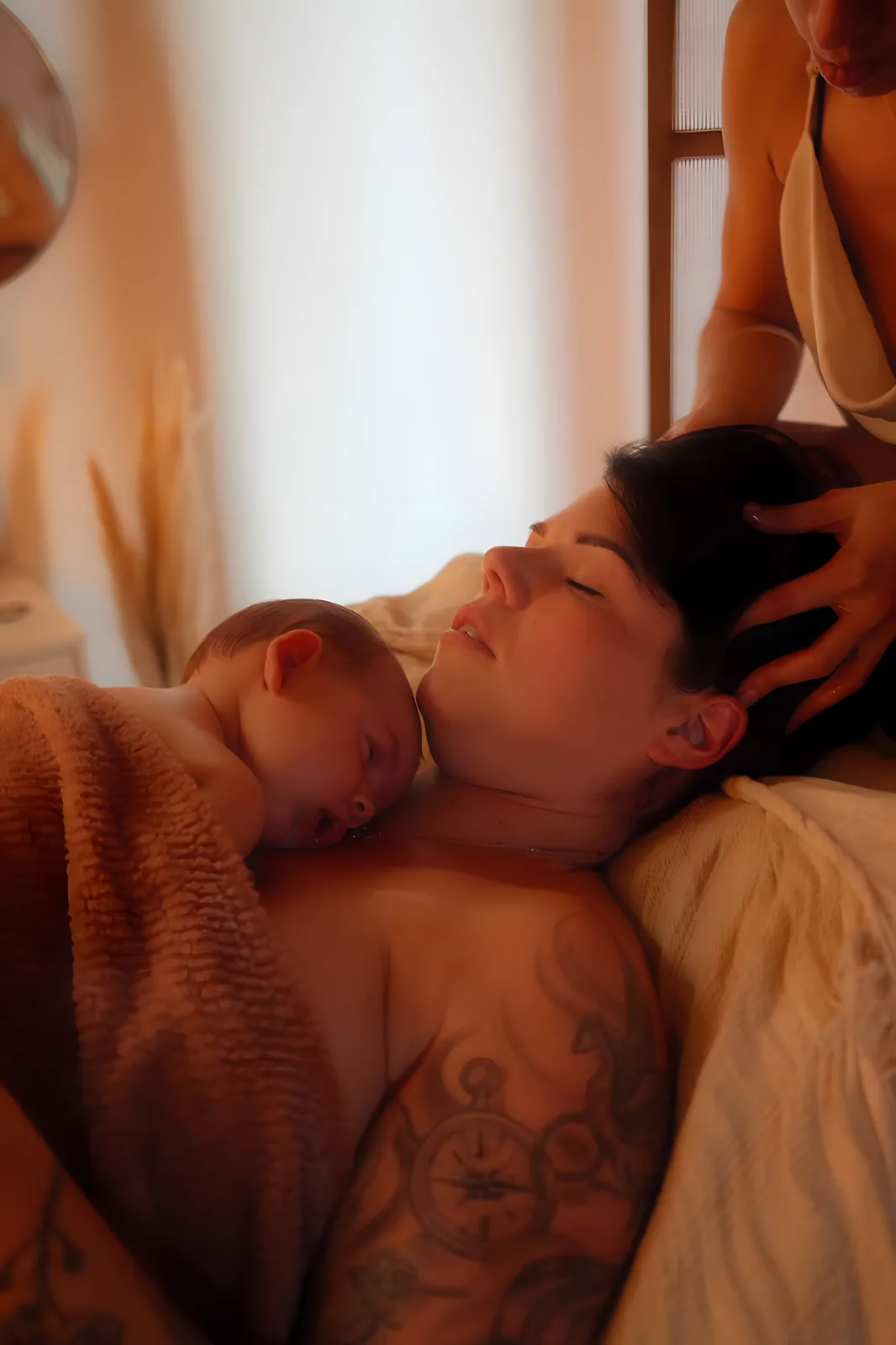 Massage du crâne de la maman pendant que son bébé dort contre elle, rituel peau à peau Mon Premier Souffle